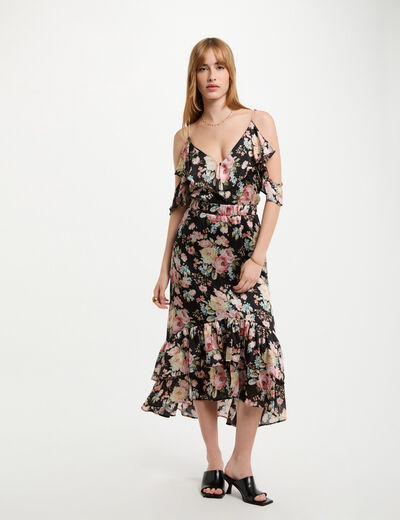 Midi-Rock mit Volants und Print mehrfarbig damen