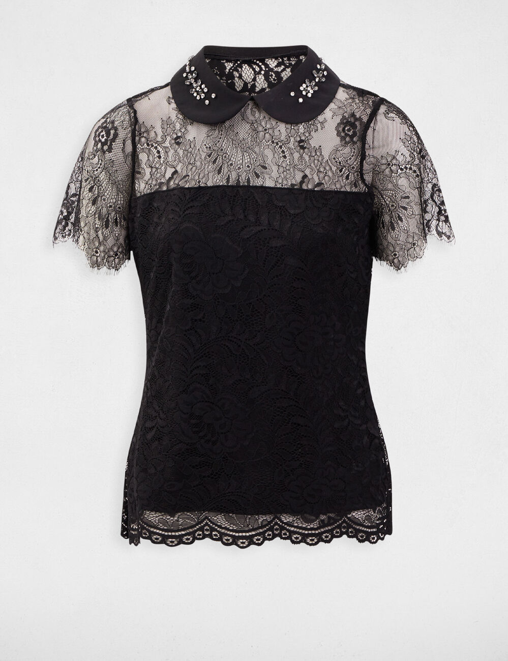 Kurz&auml;rmelige Spitzenbluse mot Schlitz schwarz damen