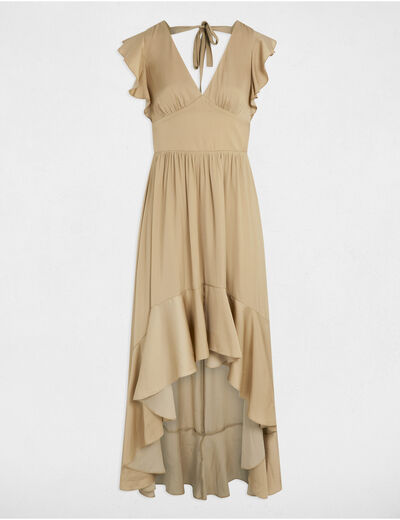 Robe longue droite satin beige femme