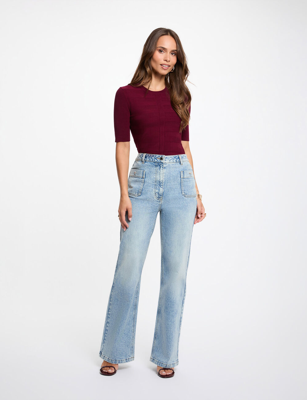 Pull col rond manches courtes bordeaux femme
