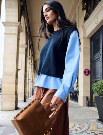 Pull ajust&eacute; col &agrave; revers bleu marine femme