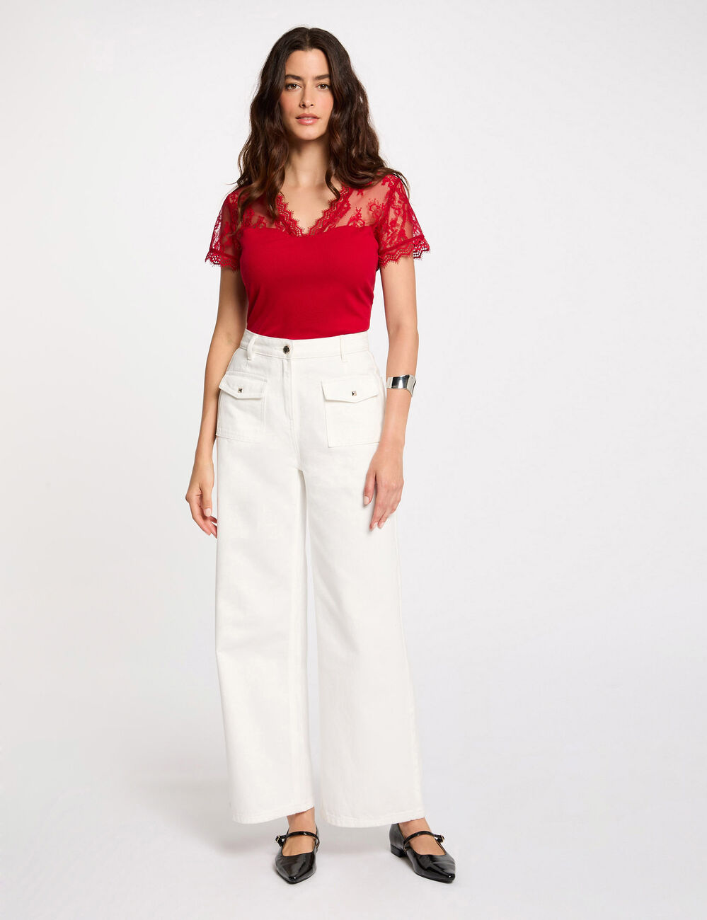 Kurzarmshirt mit Spitze rot damen