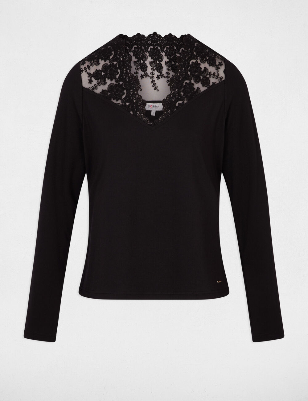T-shirt col v dentelle noir femme