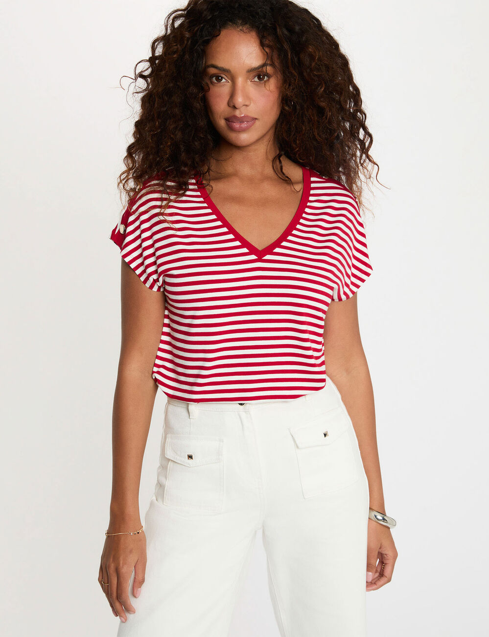 Gestreiftes V-Ausschnitt T-Shirt weiss damen