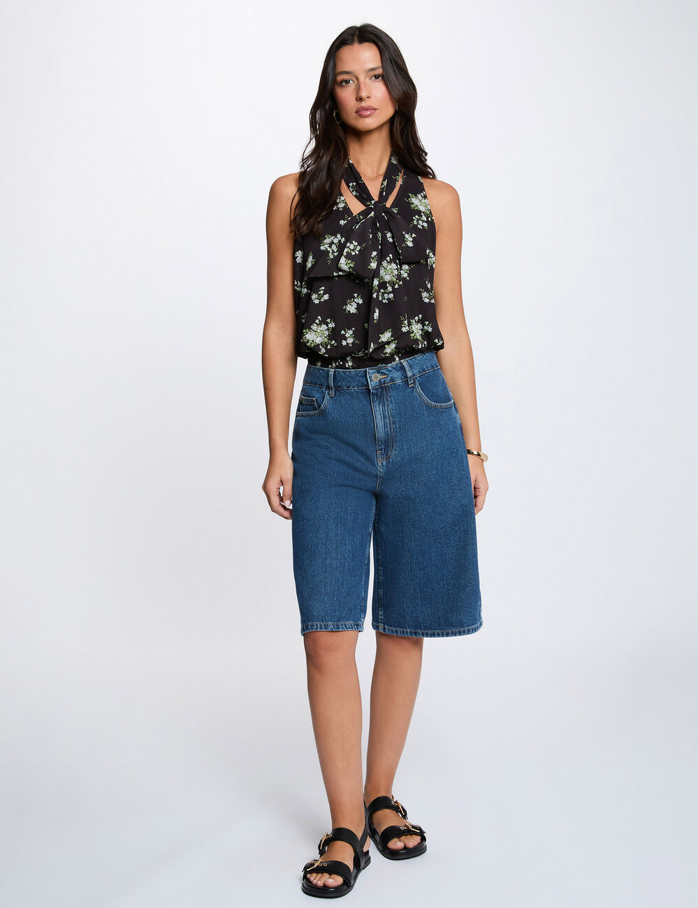 Bermuda taille haute denim brut femme