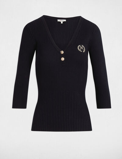Gerippter Pullover mit V-Ausschnitt marineblau damen