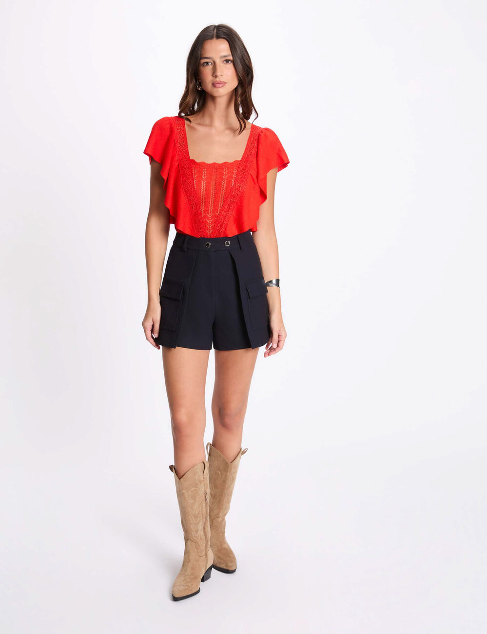 Pull manches courtes dentelle orange femme