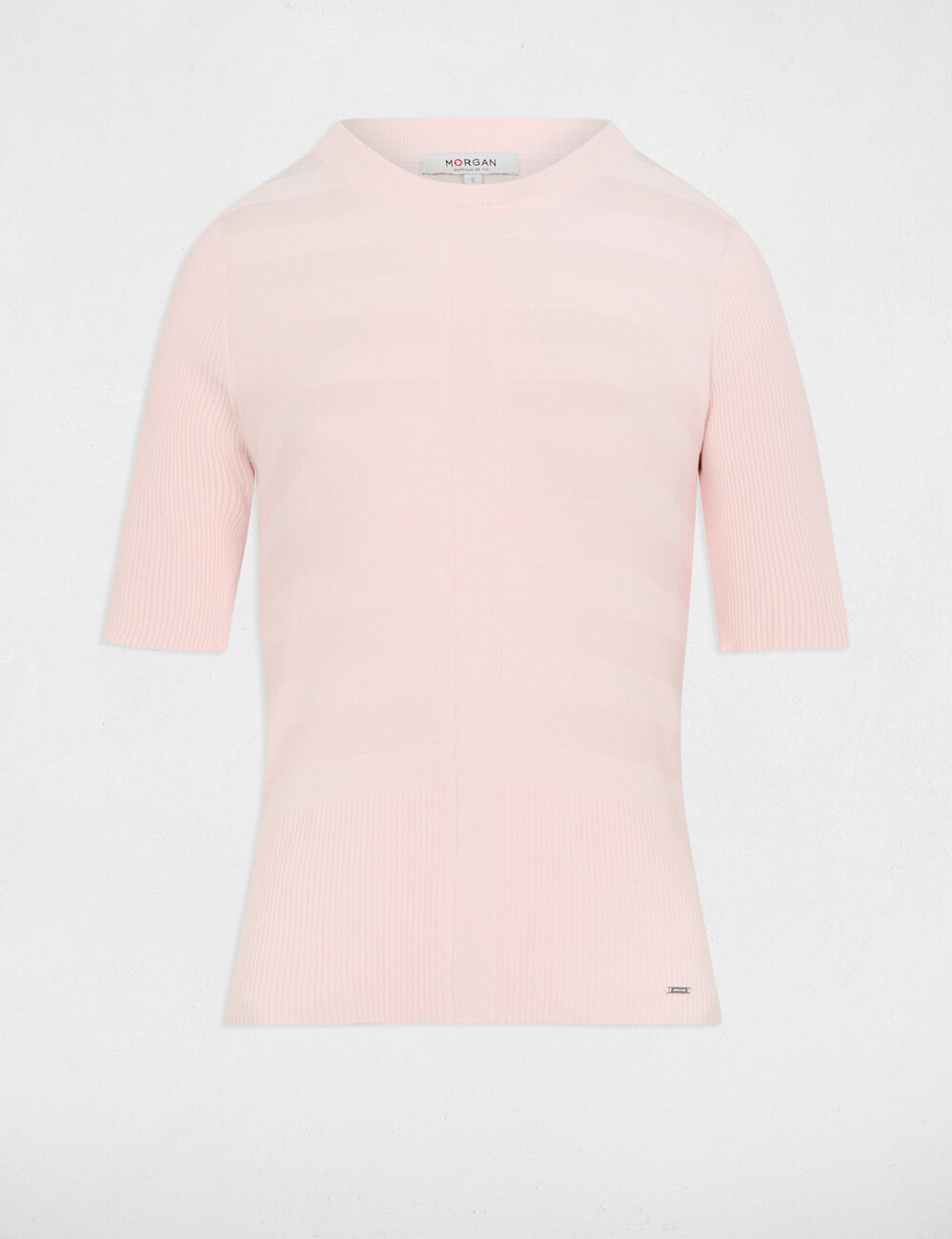 Pull col rond manches courtes rose clair femme