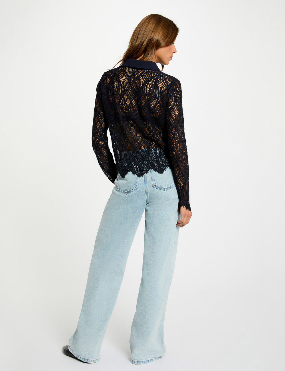 Chemise courte dentelle bleu marine femme