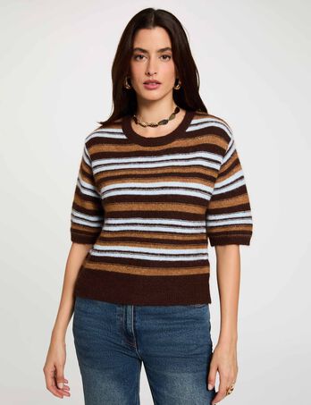 Pull manches courtes ray&eacute; marron femme