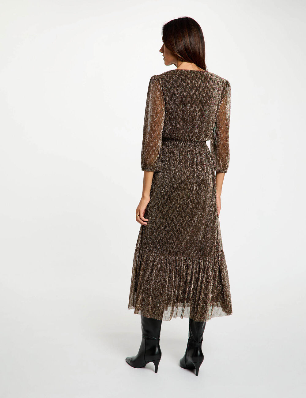 Robe longue pliss&eacute;e couleur bronze femme