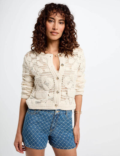 Short taille haute en jean denim stone femme