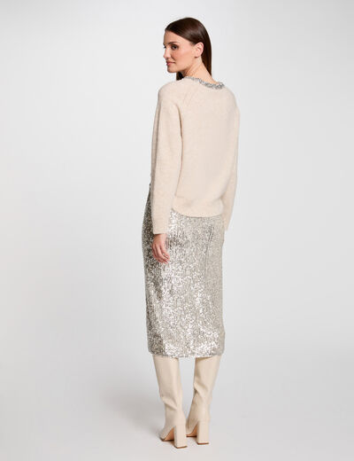 Pull col bateau détails bijoux beige femme