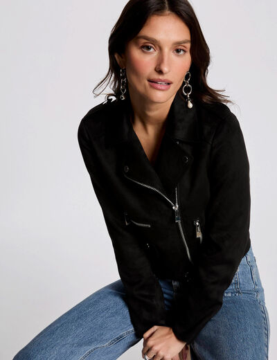 Blouson court zippé suédine noir femme