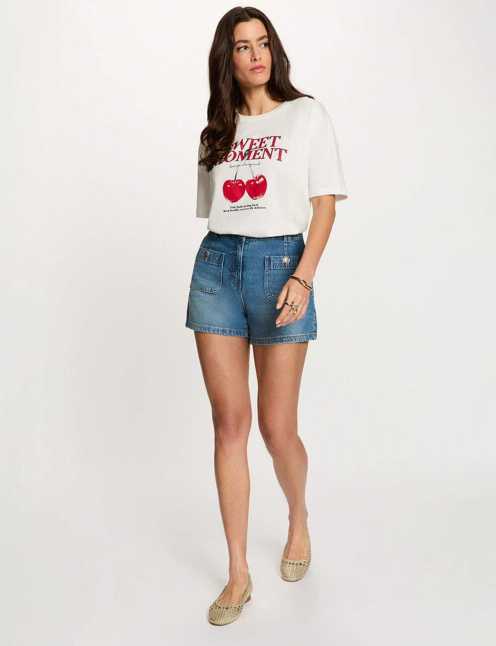 T-shirt imprim&eacute; col rond blanc femme