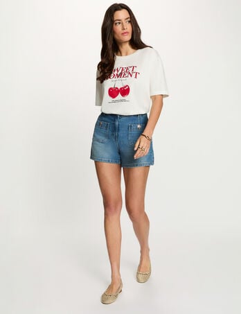 T-shirt imprim&eacute; col rond blanc femme