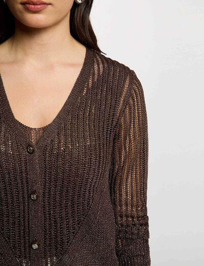 Gilet manches longues ajour&eacute; marron fonc&eacute; femme