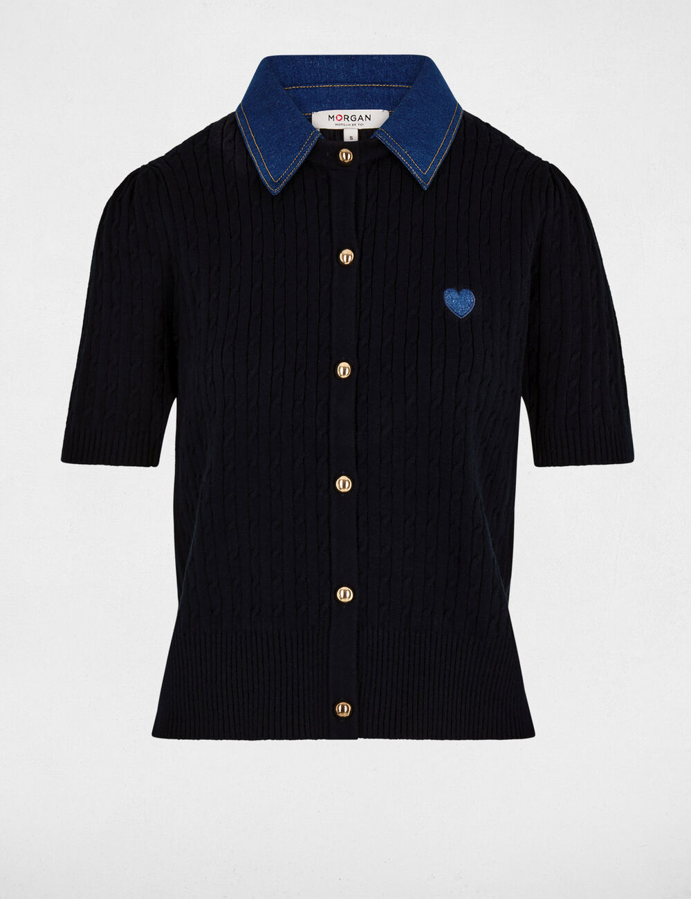 Pull col &agrave; revers bleu marine femme