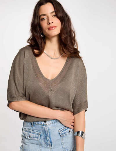Pull col en V manches courtes vert kaki femme