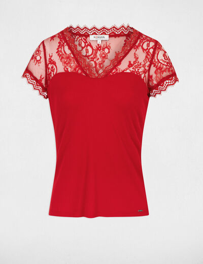Kurzarmshirt mit Spitze rot damen