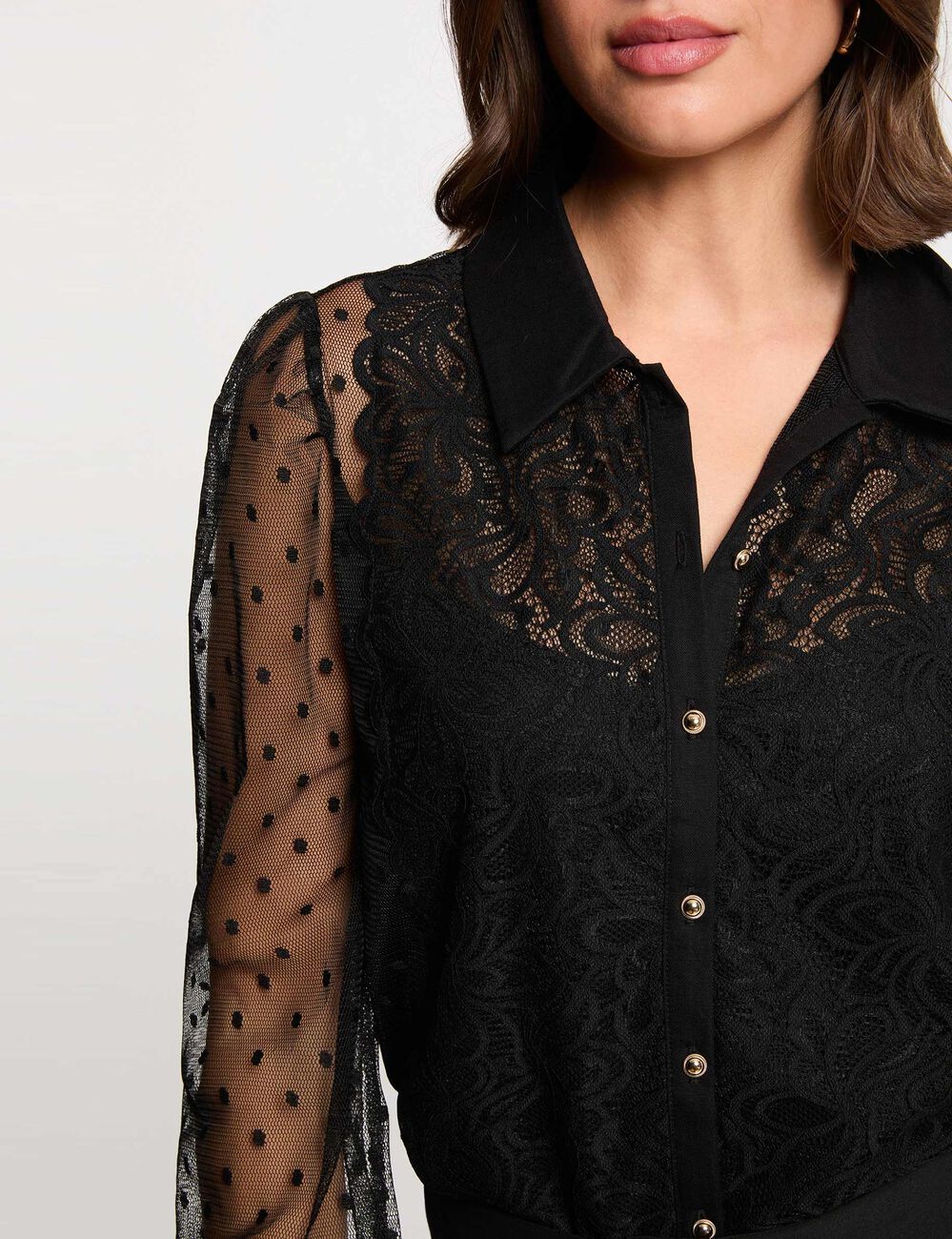 T-Shirt mit Spitzen und langen &Auml;rmeln schwarz damen