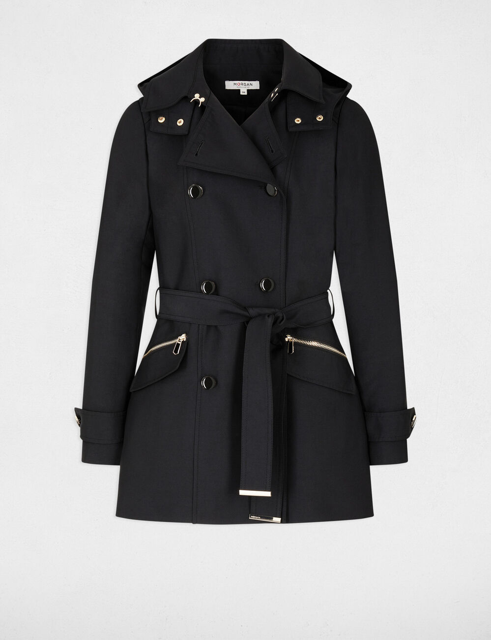 Trenchcoat mit Gürtel und Kapuze schwarz damen