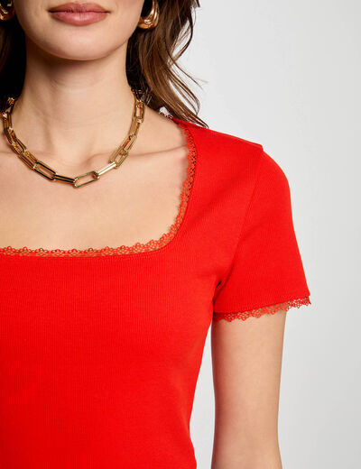 T-shirt manches courtes côtelé orange femme