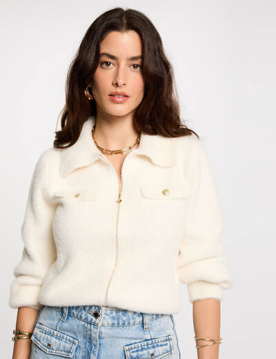 Gilet manches longues col à revers ivoire femme