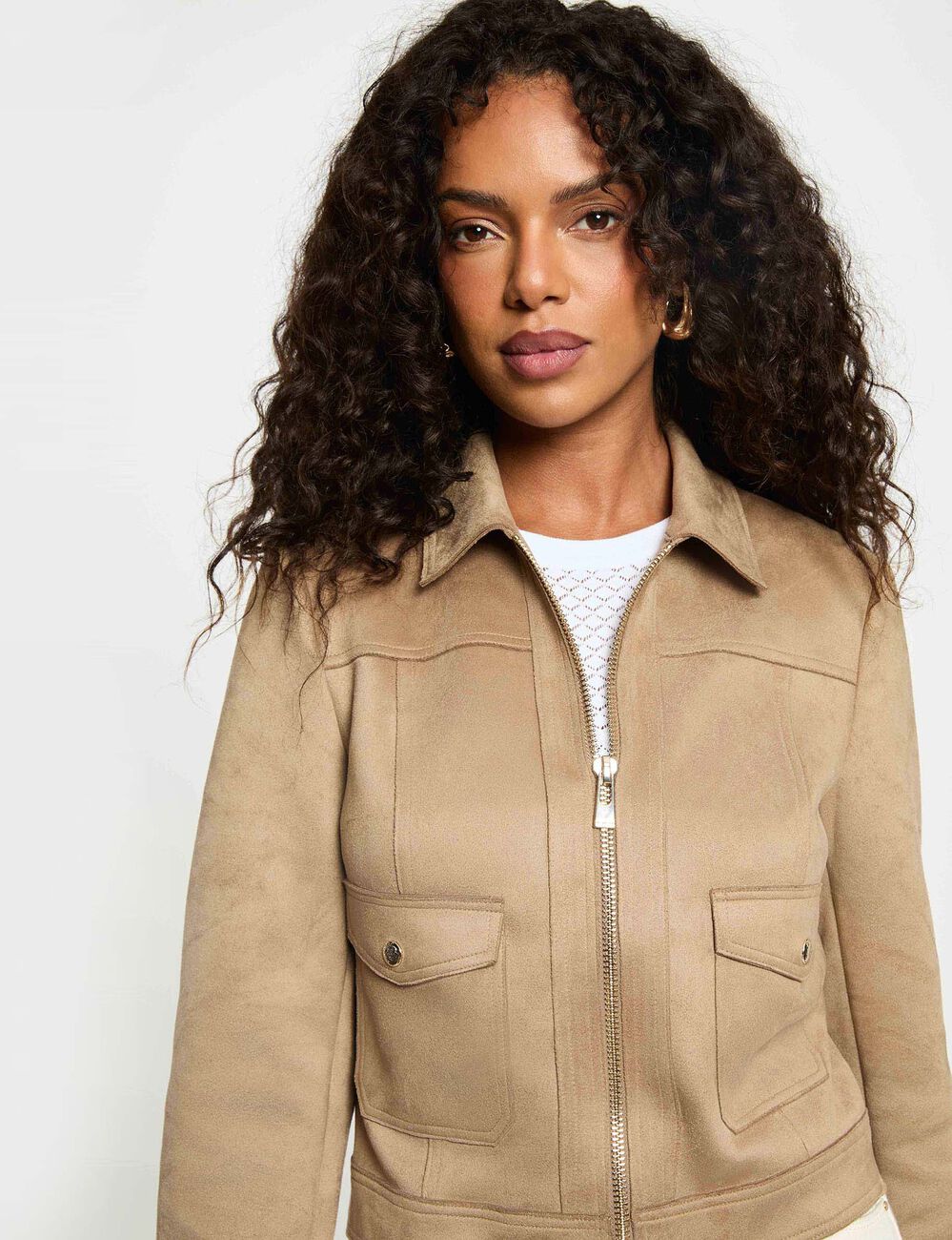 Blouson su&eacute;dine zipp&eacute; taupe femme