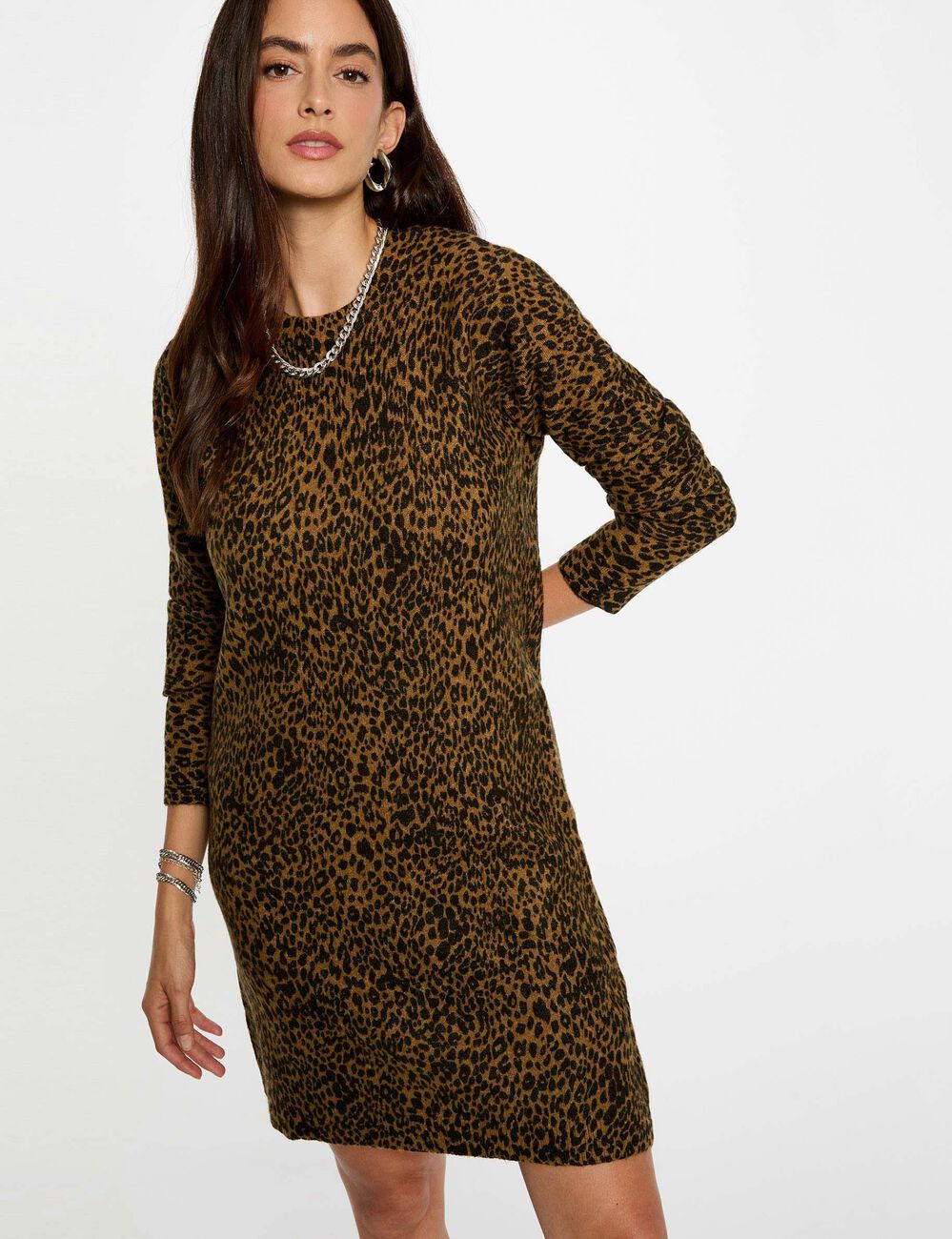 Kleid aus Strick mit Animal-Print kamel damen