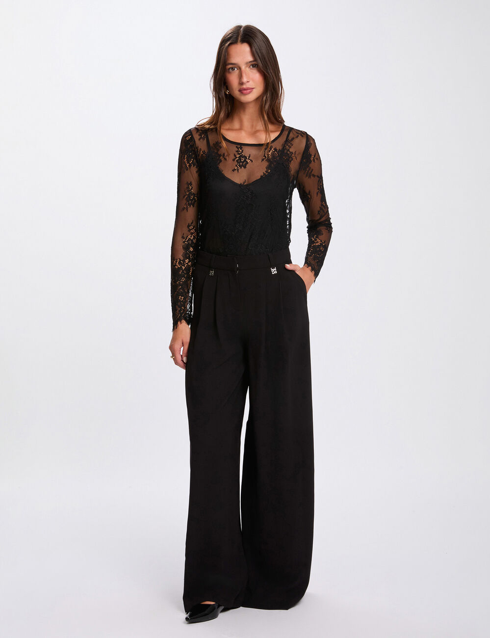 T-Shirt aus Spitze mit langen &Auml;rmeln schwarz damen