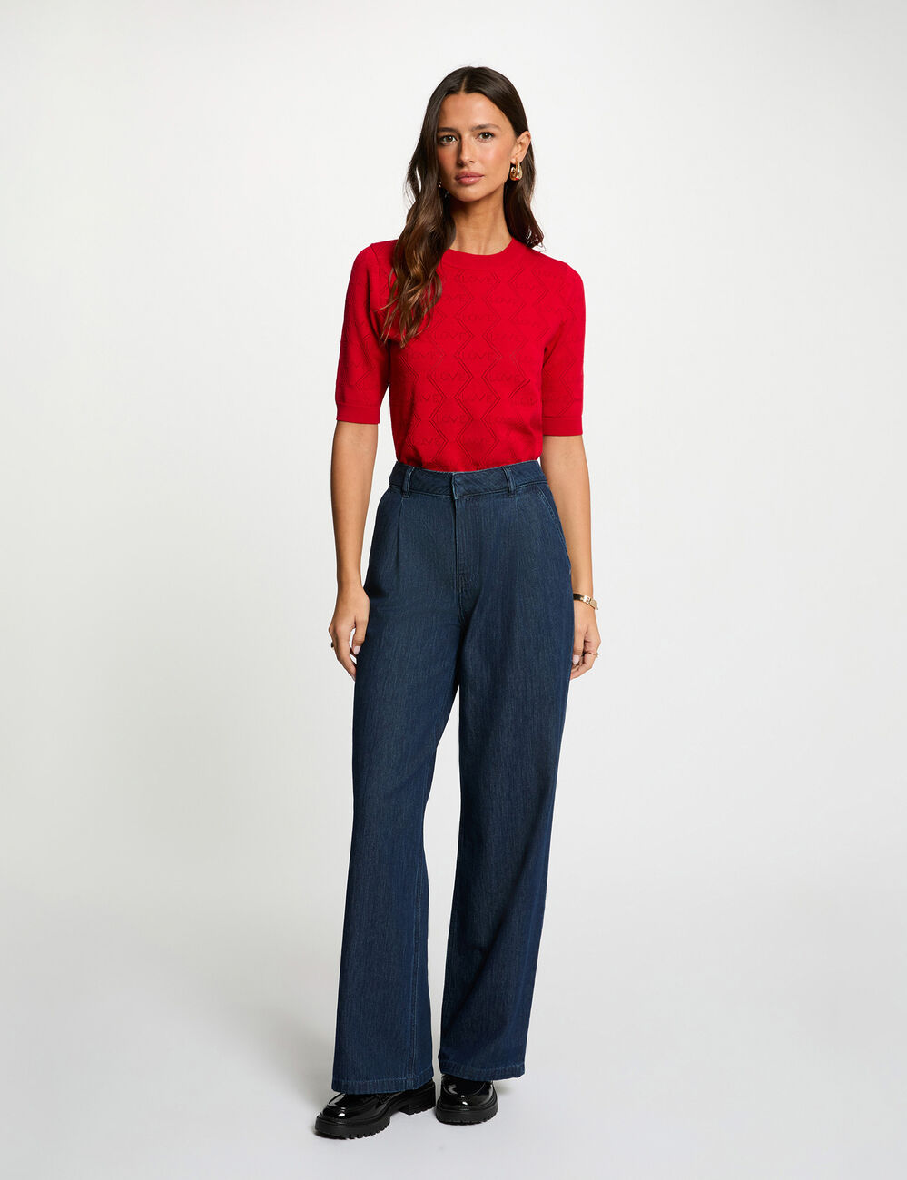 Pull ajour&eacute; manches 3/4 rouge femme