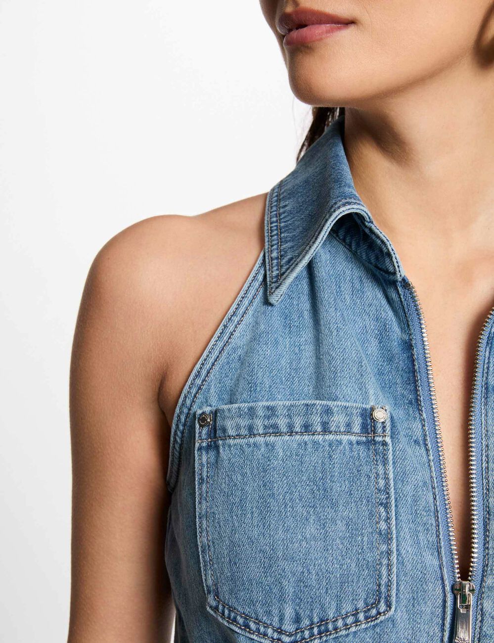 Combinaison longue en jean denim bleach femme