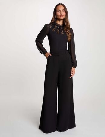 Pantalon large taille haute noir femme