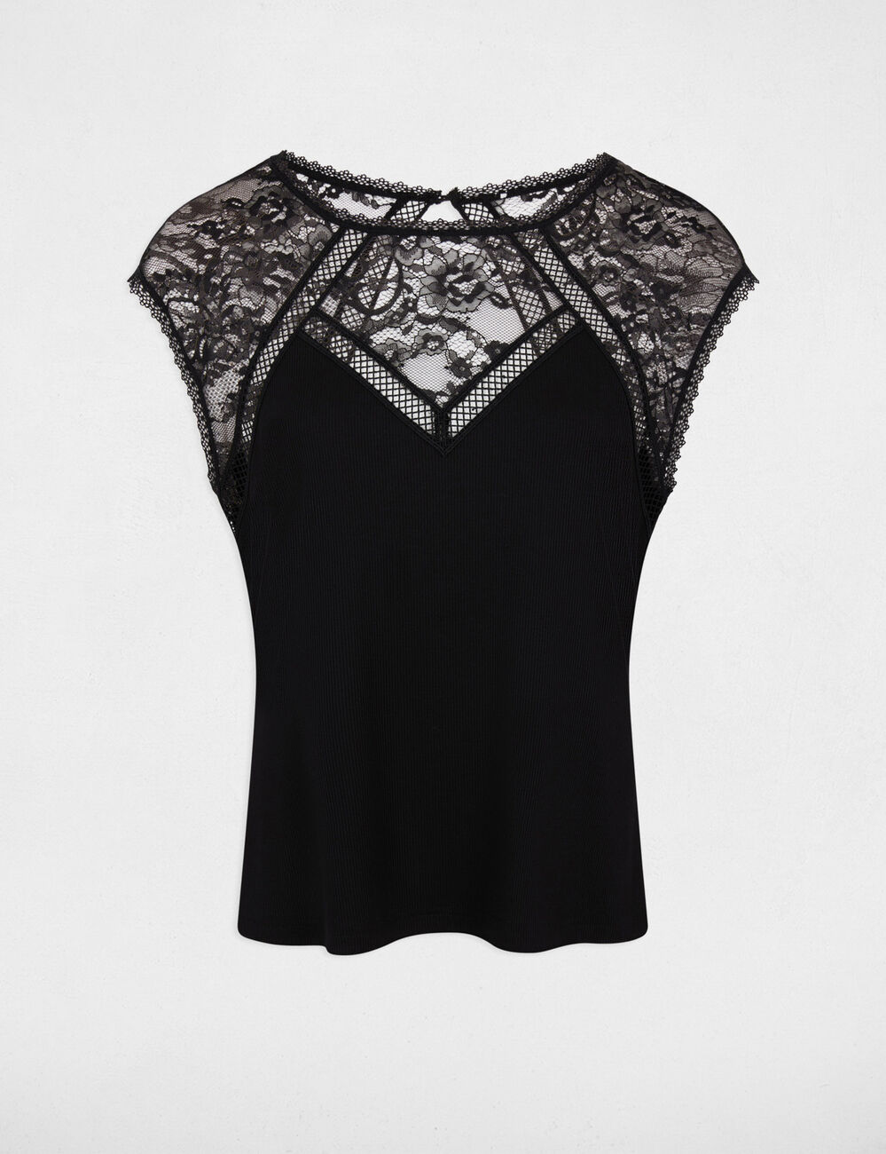T-shirt dentelle col rond noir femme