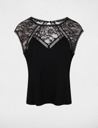 T-shirt dentelle col rond noir femme