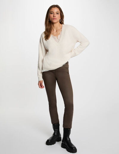 Pantalon slim enduit taupe femme