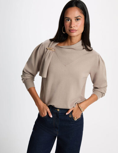Pull col montant manches bouffantes taupe femme