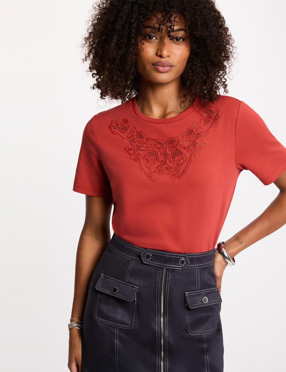 T-shirt manches courtes orange fonc&eacute; femme