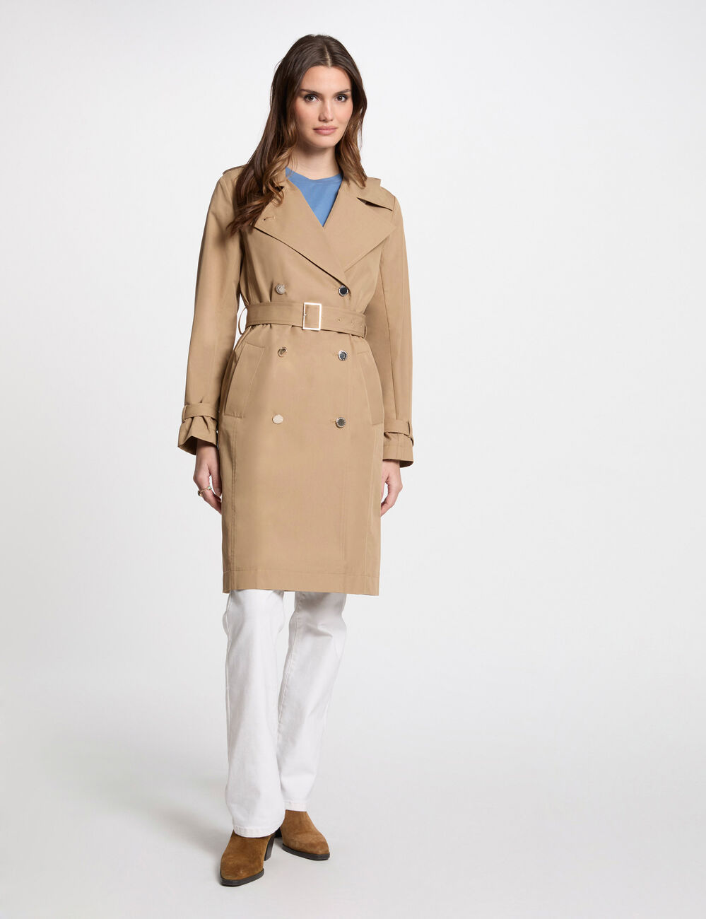 Langer Trenchcoat mit Gürtel beige damen
