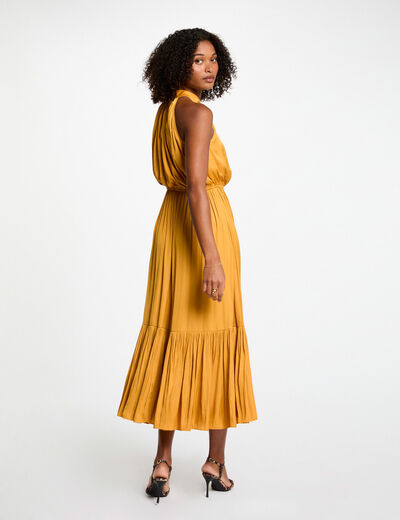 Robe longue évasée fluide jaune moutarde femme