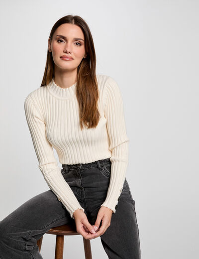 Pull col montant côtelé ivoire femme