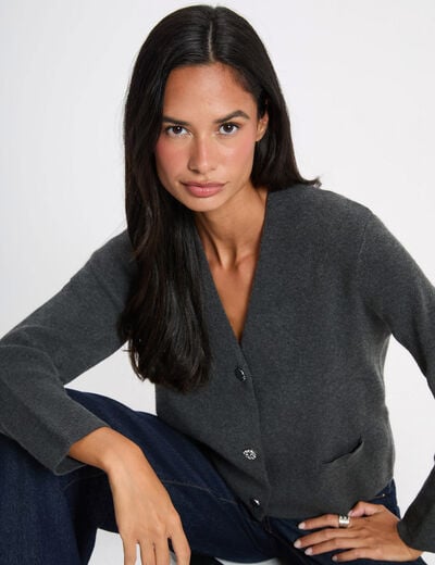 Gilet tricot col v gris fonc&eacute; femme