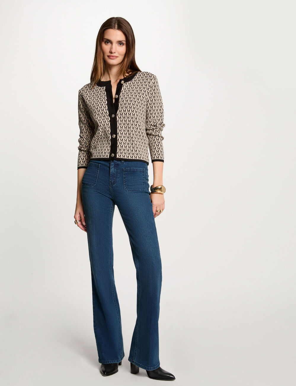 Kurze, bedruckte Strickjacke sandfarben damen