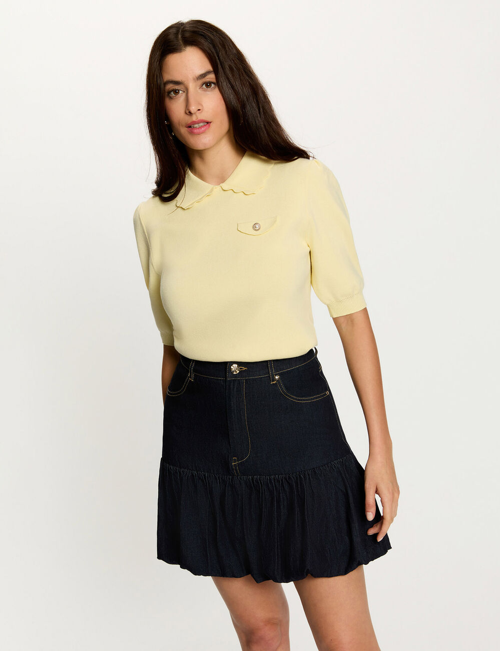 Pullover mit Puff&auml;rmeln pastelgelb damen