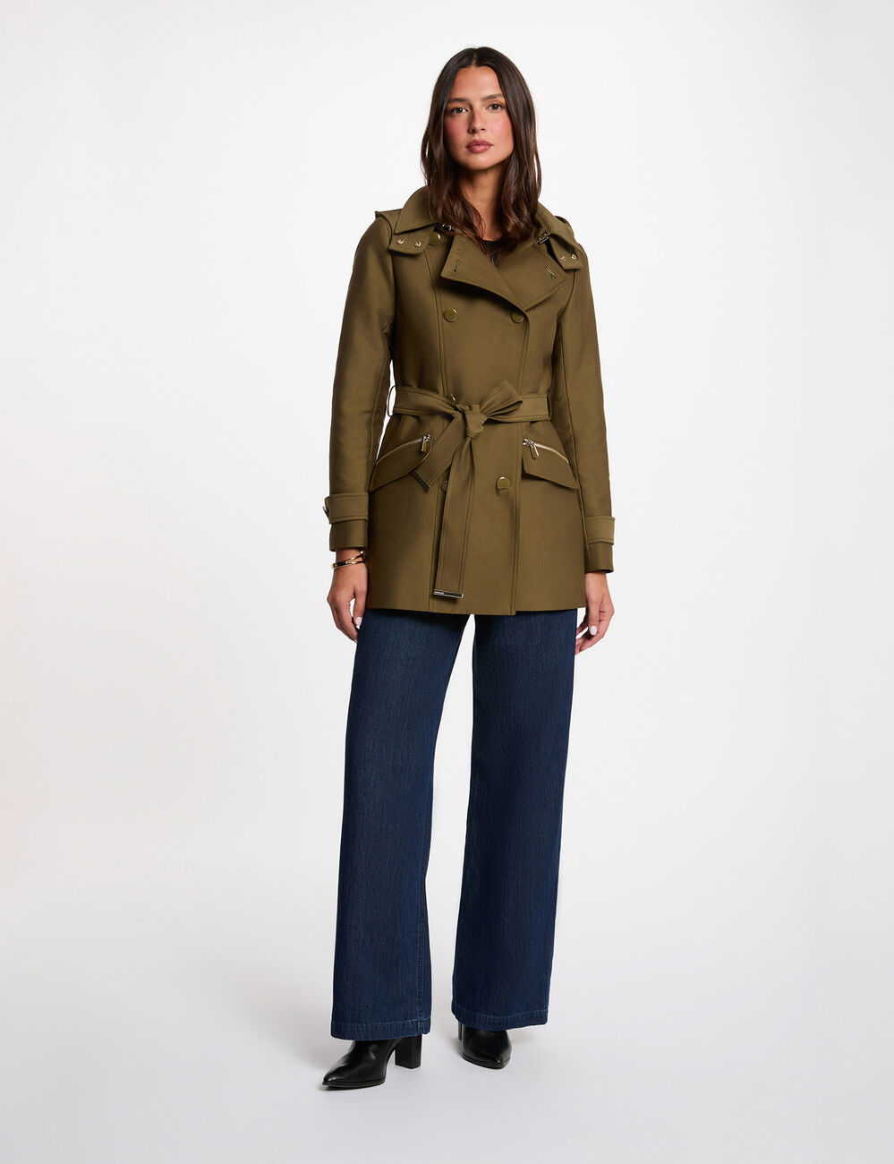 Trench cintr&eacute; ceintur&eacute; &agrave; capuche vert kaki femme