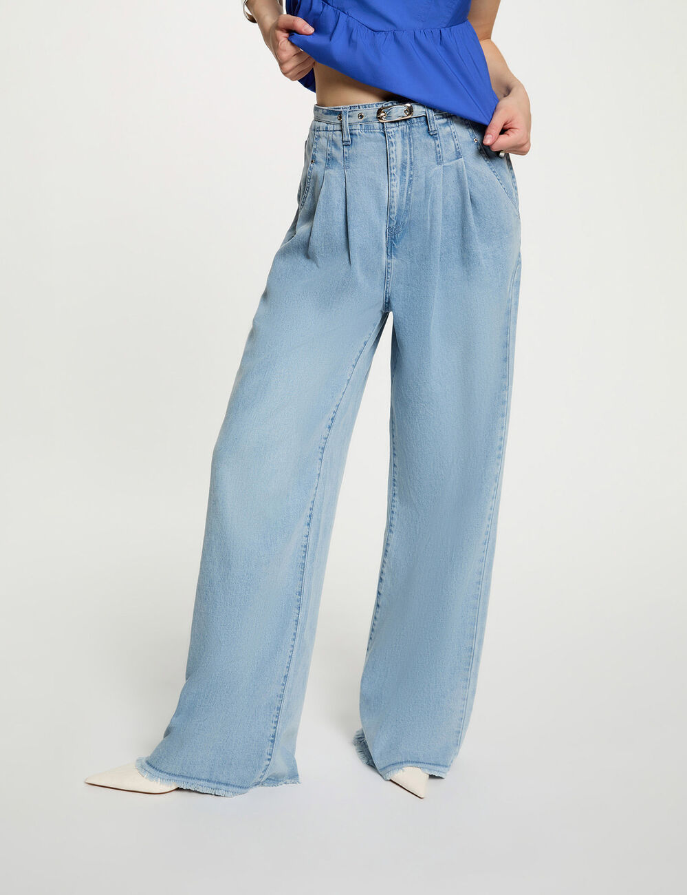 Weit geschnittene hochgeschnittene Hose gebleichtes denim damen