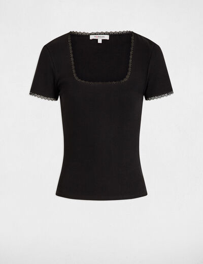 Geripptes Kurzarm-T-Shirt schwarz damen