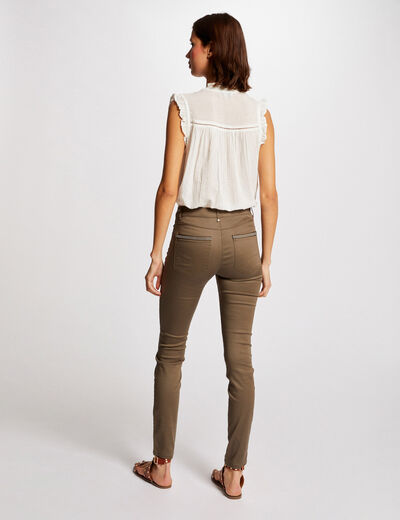 Pantalon slim enduit vert kaki femme