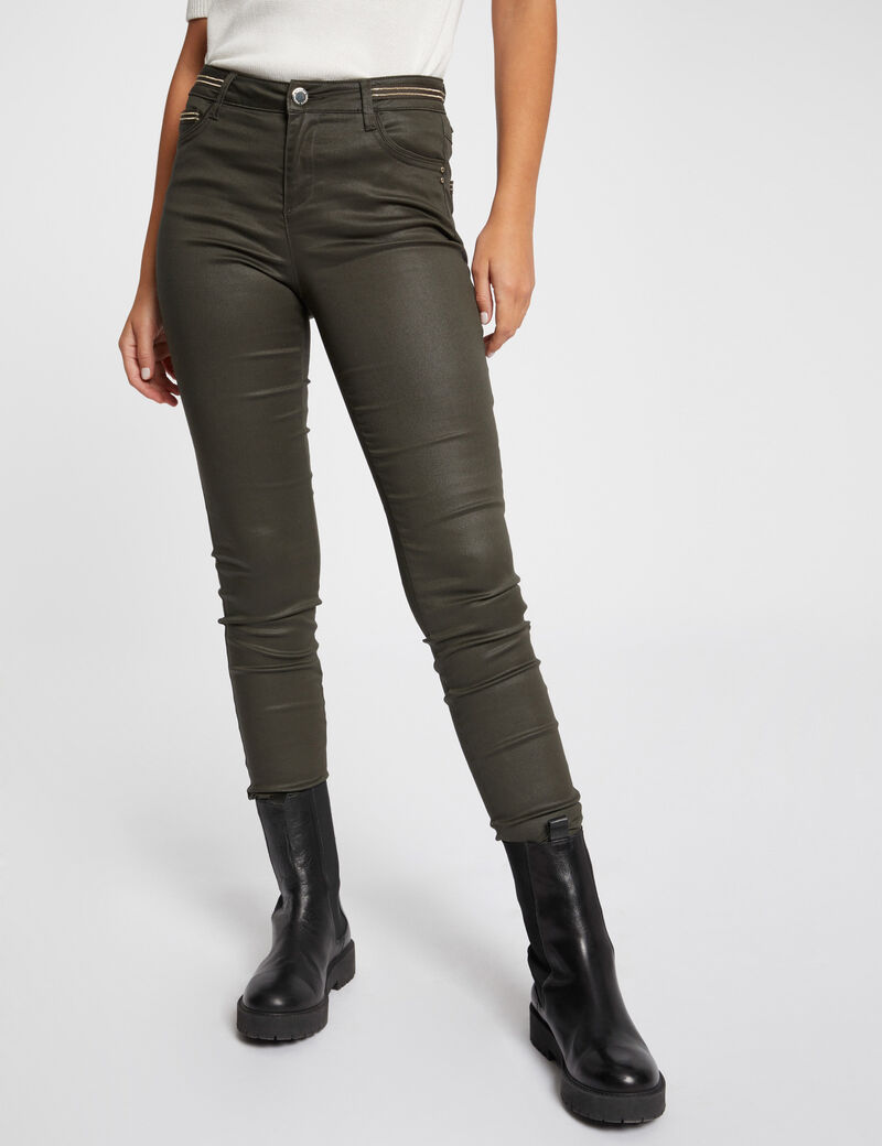 pantalon slim enduit vert fonce femme Pantalon slim enduit vert foncé femme